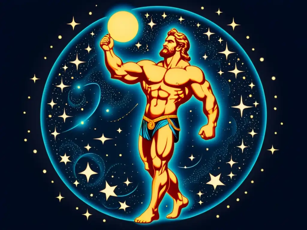 Colorida ilustración vintage de la constelación Hércules, destacando su significado mitológico y la fuerza del héroe en el cielo estrellado