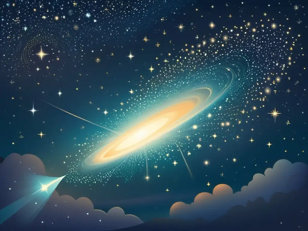 Ilustración vintage de un cometa surcando el cielo nocturno entre constelaciones, evocando la observación de cometas en constelaciones