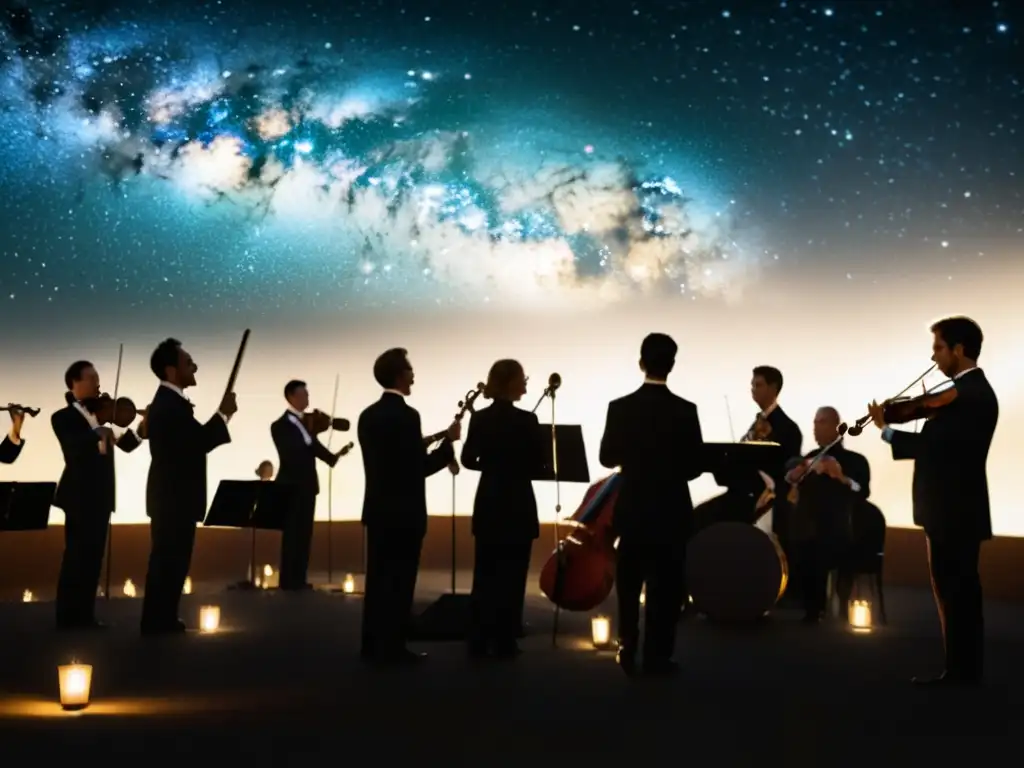 Un concierto de música clásica bajo las estrellas, con compositores clásicos fascinación estrellas, intenso y elegante