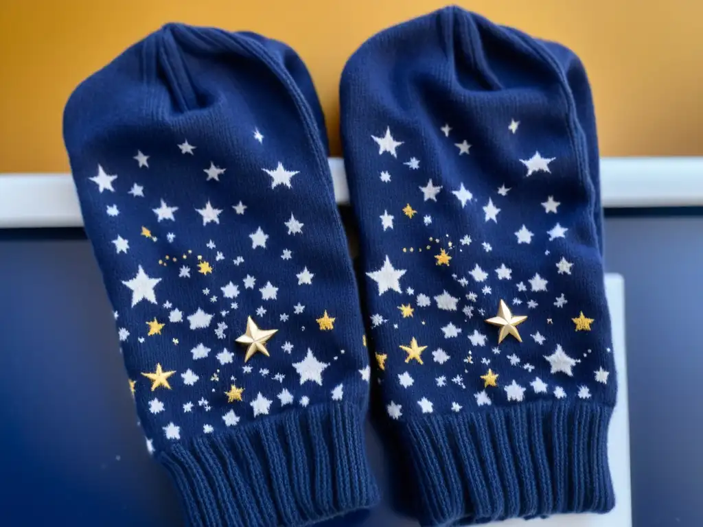 Un conjunto de guantes y gorro de punto con tema celestial, con constelaciones y estrellas en tonos índigo y oro