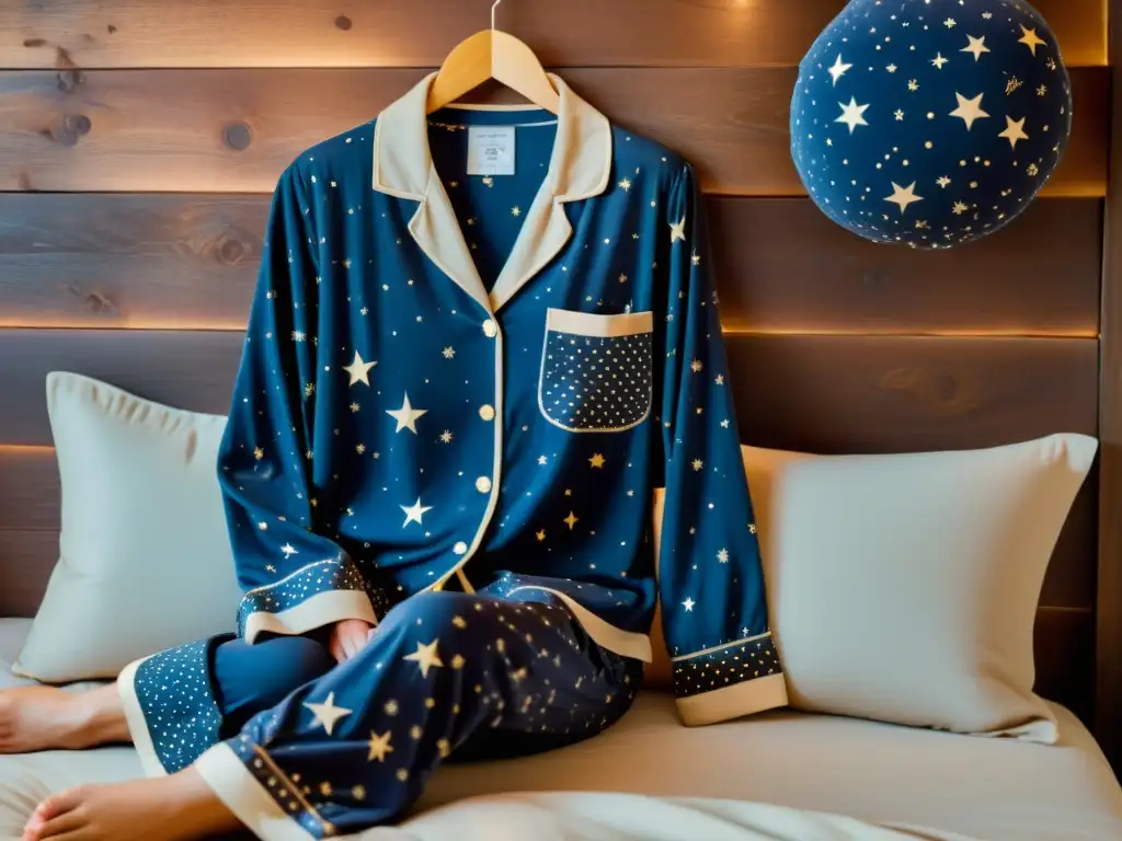 Conjunto de pijama vintage con patrones astronómicos en tonos suaves, evocando comodidad y nostalgia