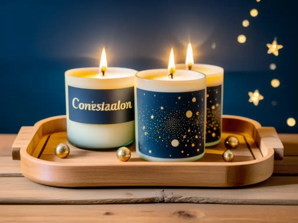 Un conjunto de velas aromáticas inspiradas en constelaciones, iluminando una escena celestial en una cálida luz nostálgica