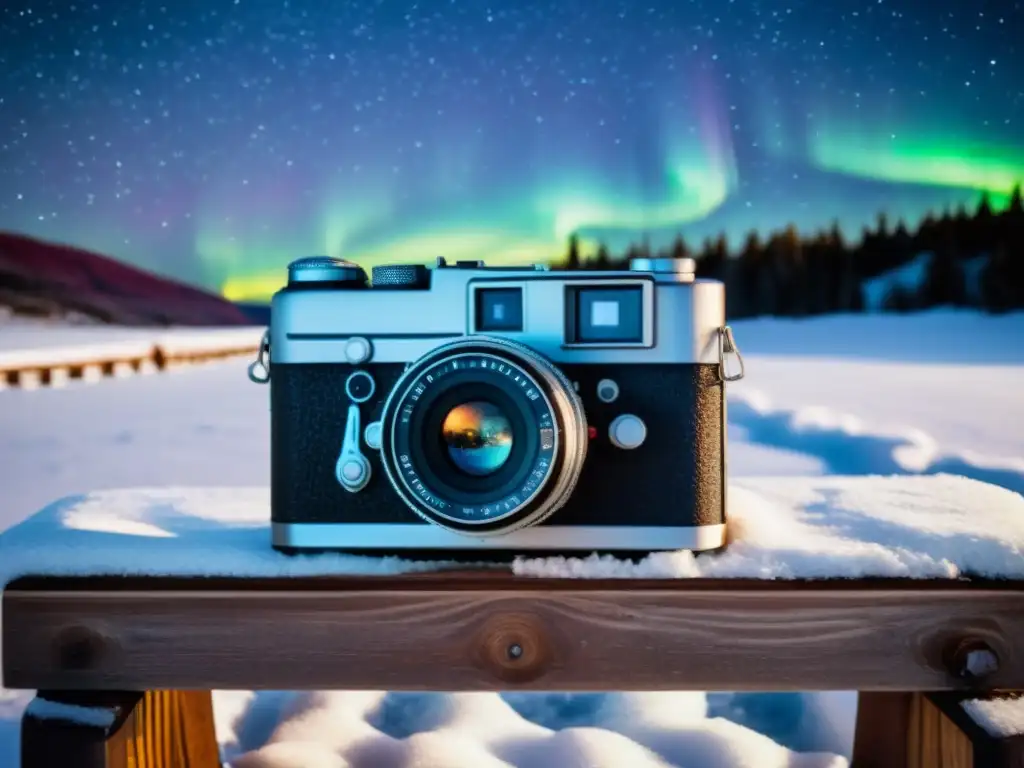 Consejos astrofotografía invierno estrellas: Cámara vintage en banco nevado bajo auroras boreales y cielo estrellado