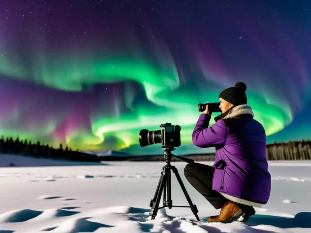 Consejos astrofotografía aurora boreal: Cámara vintage captura la aurora boreal en un campo nevado bajo un cielo nocturno vibrante