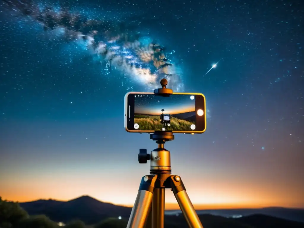 Consejos para capturar el cielo con tu smartphone: escena nostálgica de astrofotografía nocturna con trípode, accesorios y estrellas