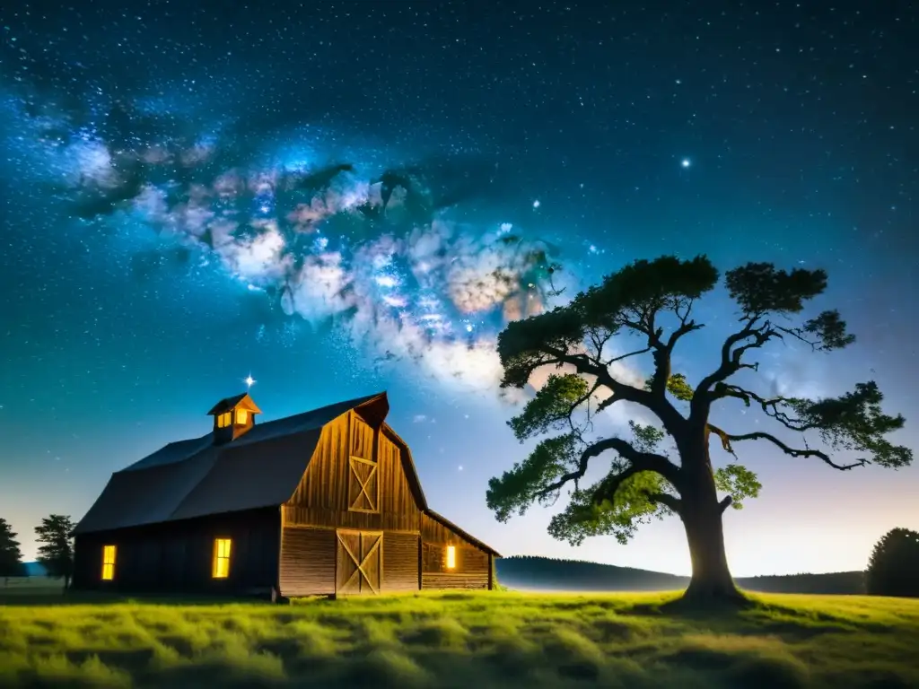 Consejos para fotografiar la Vía Láctea: Noche estrellada sobre un granero y árboles antiguos, evocando nostalgia y asombro