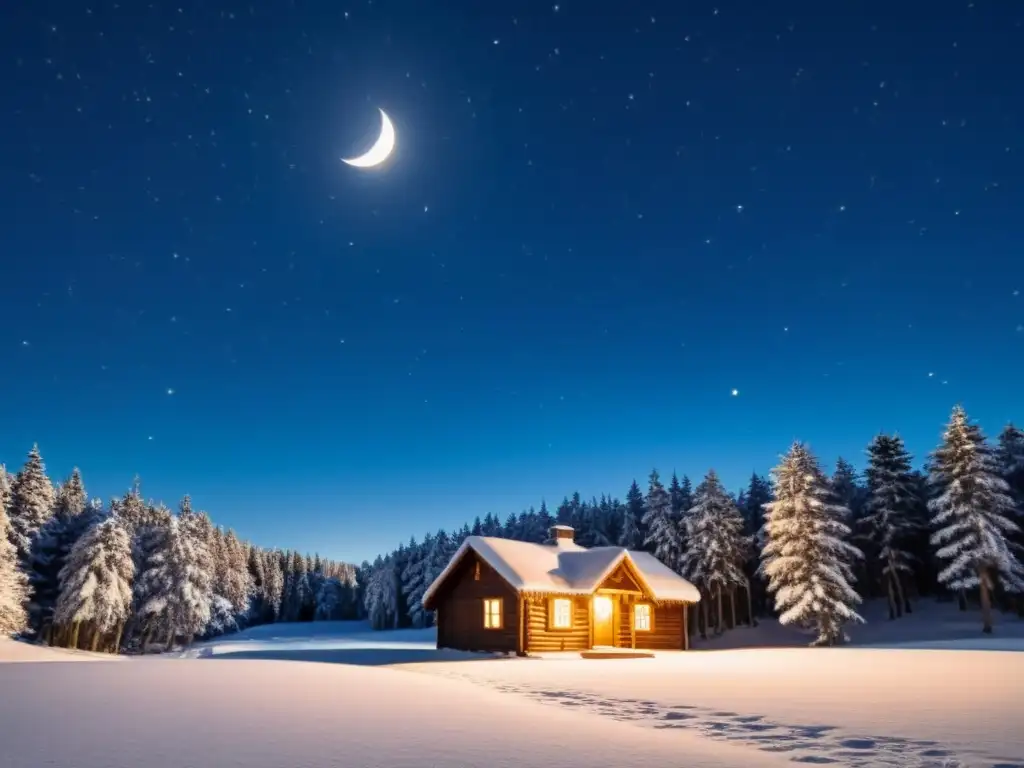 Consejos astrofotografía invierno estrellas: Noche estrellada sobre paisaje invernal nevado, con cabaña acogedora entre árboles