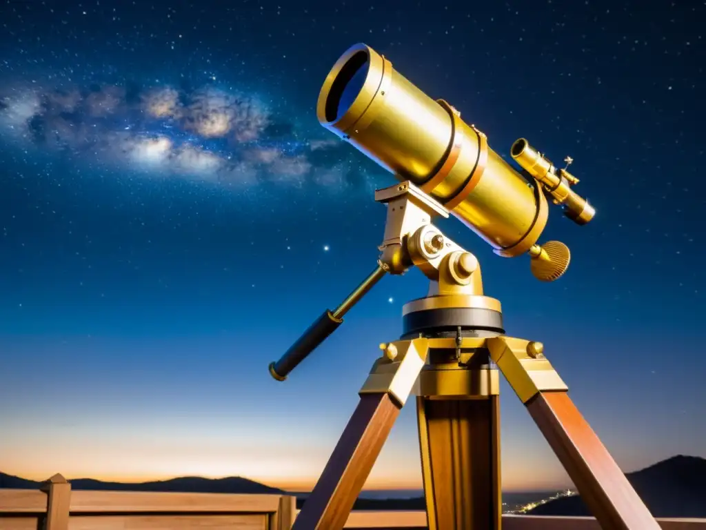 Consejos monturas estabilización astrofotografía: Antigua montura ecuatorial con detalles de latón, sobre trípode de madera, bajo cielo estrellado