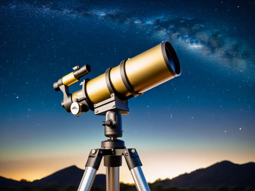 Consejos monturas estabilización astrofotografía: Imagen vintage de montura ecuatorial con telescopio, cielo estrellado y atmósfera nostálgica