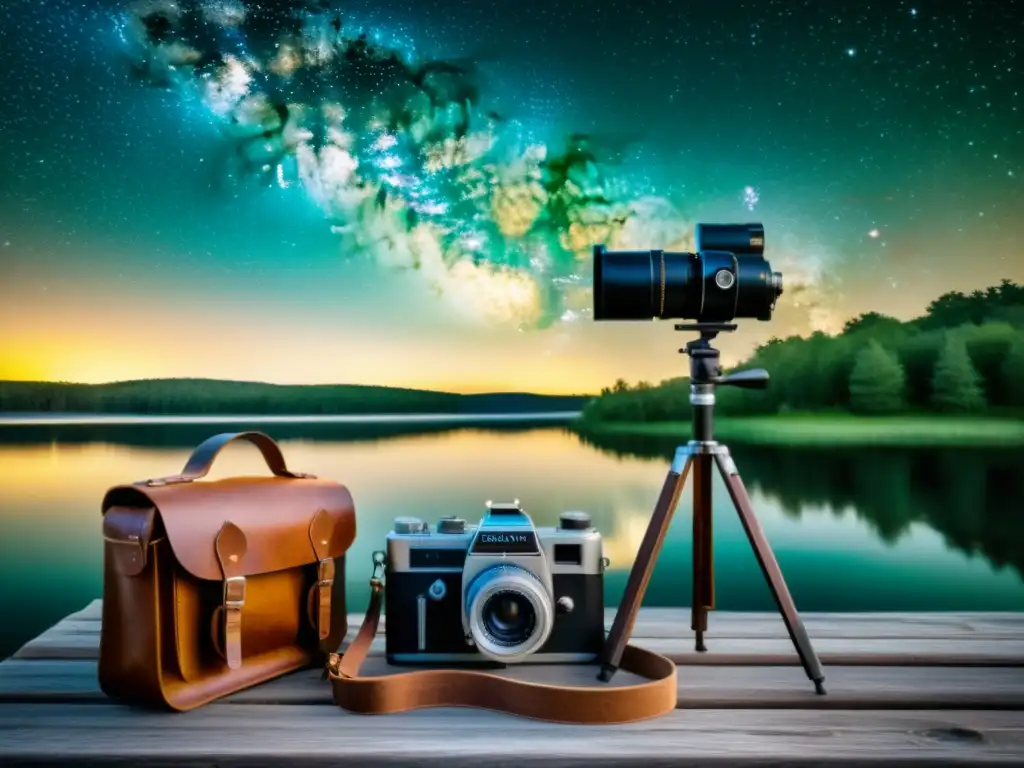 Consejos para fotografiar la Vía Láctea: Cámara vintage en muelle de madera, lago tranquilo y la galaxia brillando en el cielo nocturno