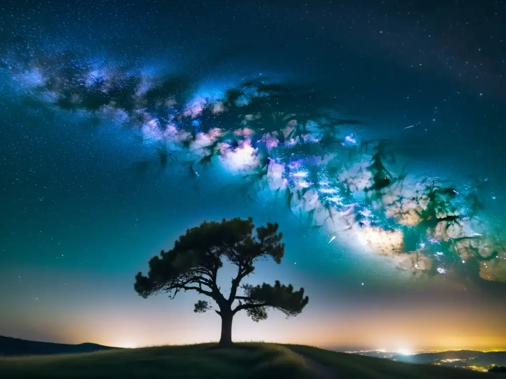 Consejos para fotografiar la Vía Láctea: Una noche mágica con la galaxia brillante y un árbol solitario en primer plano, evocando asombro y nostalgia