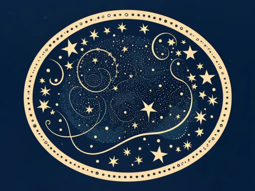 Una ilustración vintage de la constelación Anuradha, con detalles intricados y dibujados a mano que representan las estrellas y elementos celestiales