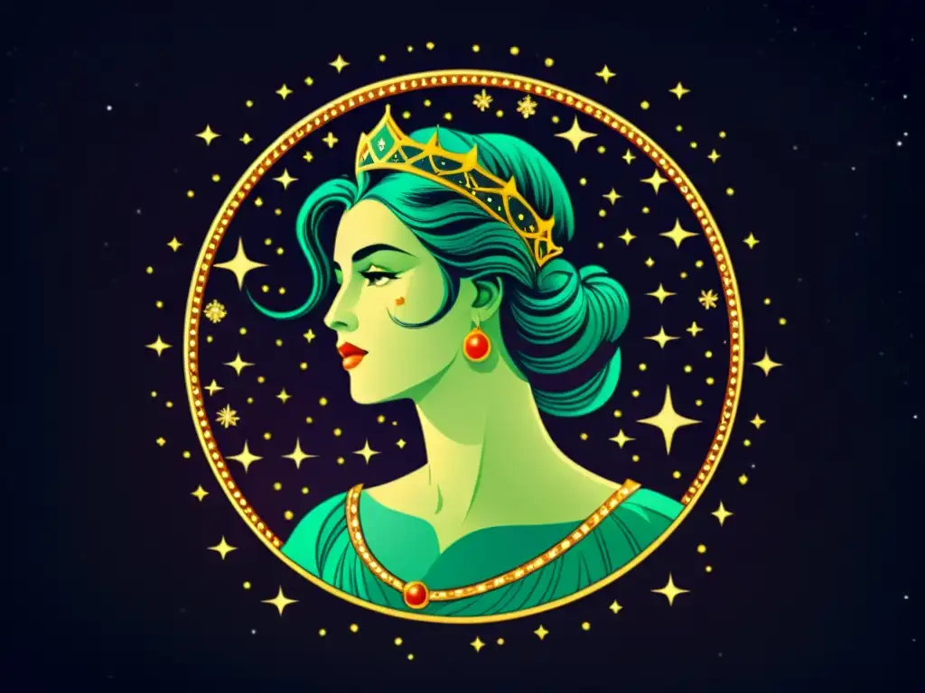 Una ilustración vintage de la constelación de Casiopea, con la figura de la reina rodeada de estrellas