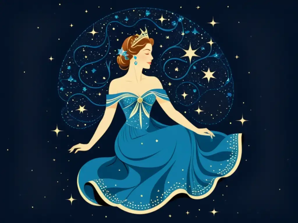 Una ilustración vintage de la constelación de Casiopea, con patrones de estrellas en tonos azules, formando la figura de una reina sentada