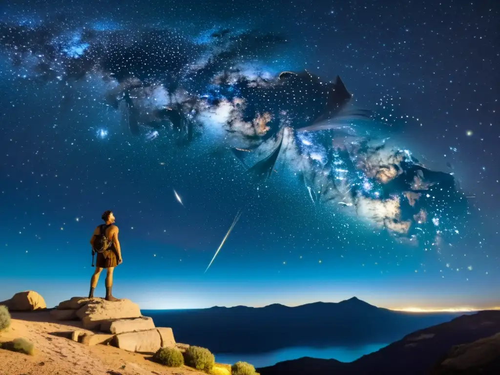 Ulysses en el firmamento: mitología antigua La constelación de Ulises brilla en el cielo estrellado, rodeada de dioses y criaturas míticas en un mundo de asombro y mitología asociada