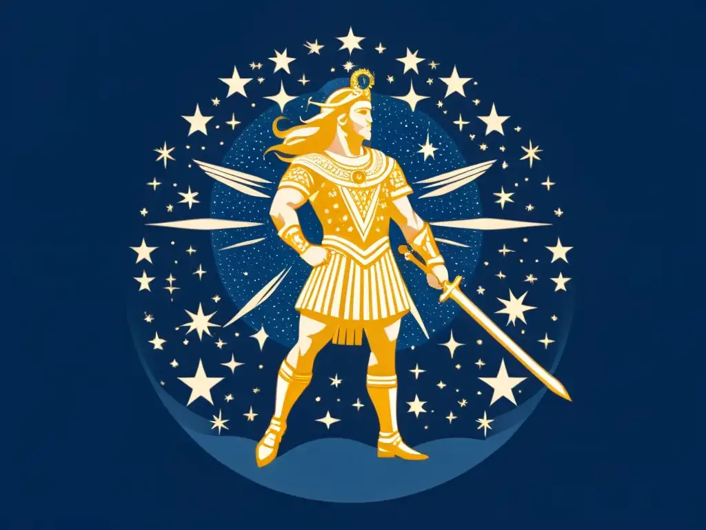 Orion, la constelación mítica: Einherjar y estrellas La constelación de Orión, con detalles de la figura del guerrero y estrellas brillantes en un fondo azul profundo, evoca la mitología de los guerreros estelares