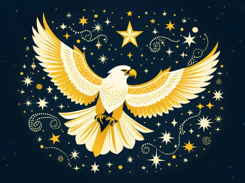 Una ilustración vintage de la constelación de Aquila, con detalles intrincados que representan al águila en el cielo rodeada de estrellas