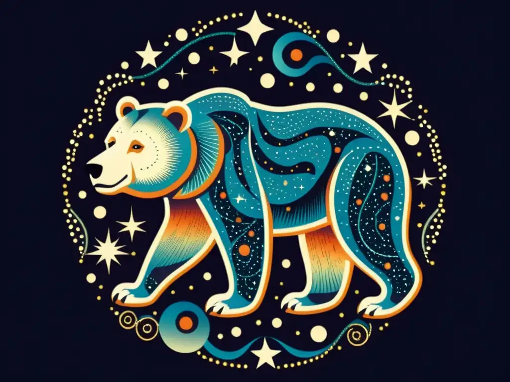 Una ilustración vintage de la constelación de Ursa Major, con detalles intrincados y colores profundos