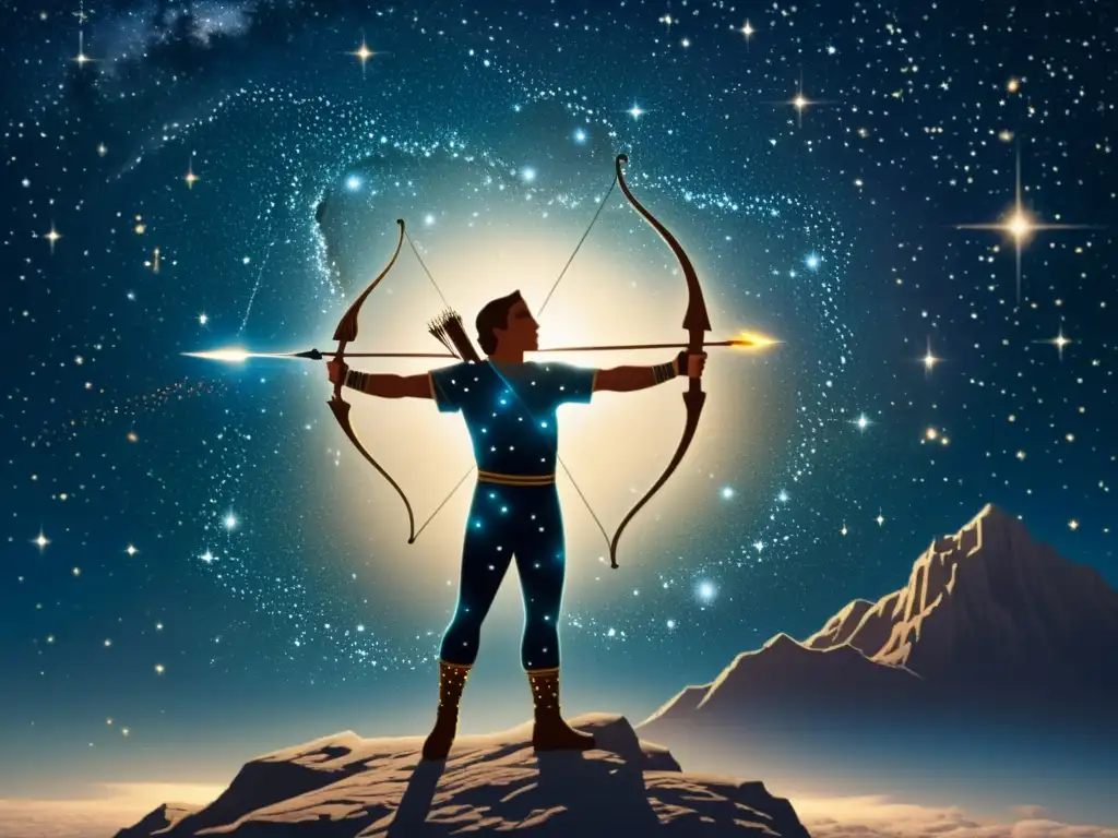 Constelación de Orión: mitología y maravilla estelar La constelación de Orión, con sus líneas detalladas y sombreado, muestra al cazador mítico con arco y flecha entre estrellas y nebulosas, evocando la mitología asociada a las constelaciones y estrellas
