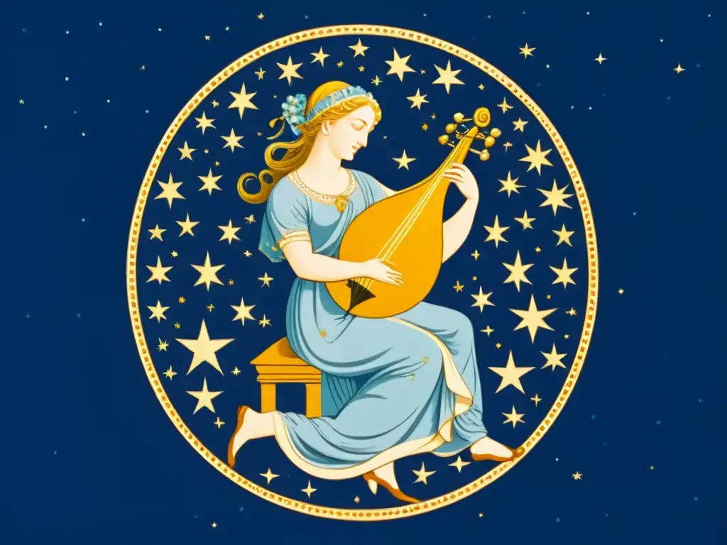 Una ilustración vintage de la constelación de Lira, con estrellas detalladas y la figura mítica de Orfeo tocando la lira, en un fondo azul profundo