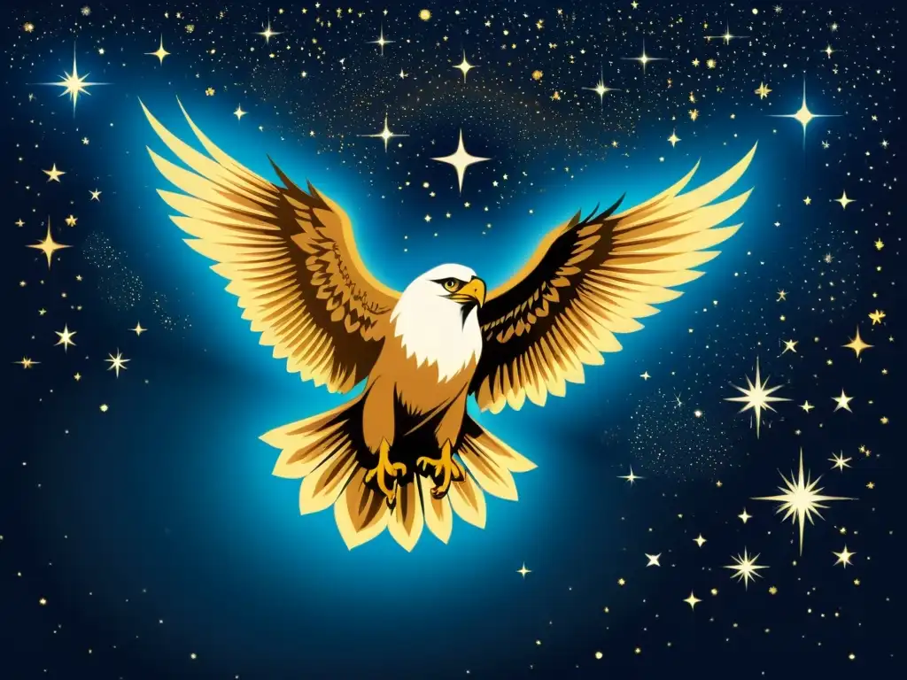 Una ilustración vintage de la constelación de Aquila, con un águila majestuosa formada por estrellas y polvo cósmico, rodeada de elementos celestiales y símbolos mitológicos