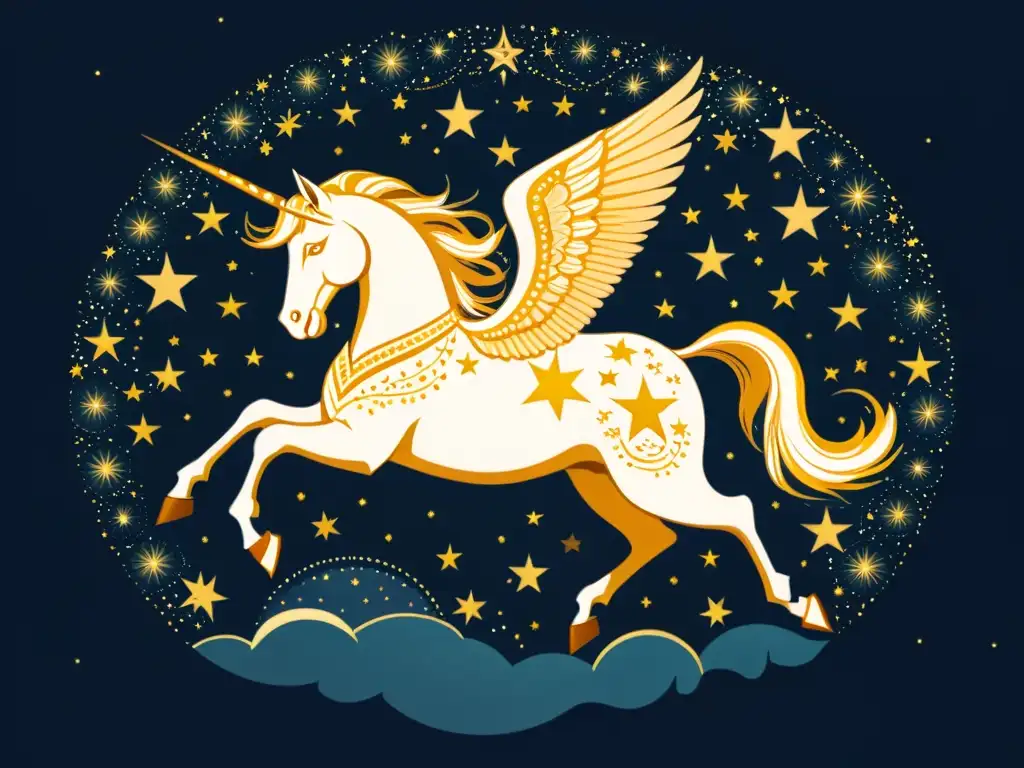 Ilustración vintage de la constelación de Pegaso, con detalles intrincados y colores cálidos, mostrando al majestuoso caballo alado en un cielo estrellado