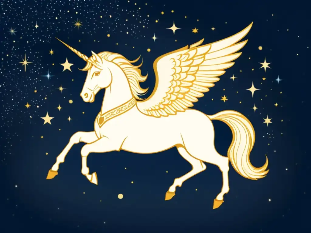 Una ilustración vintage de la constelación de Pegaso, con detalles intrincados y un cielo estrellado