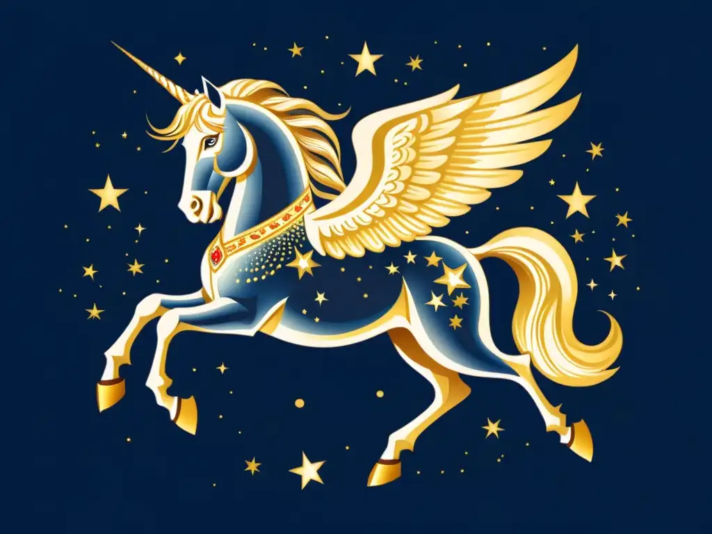 Una ilustración vintage de la constelación de Pegaso, con detalles intrincados que forman el caballo alado con estrellas