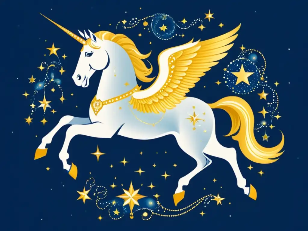 Una ilustración vintage de la constelación de Pegaso, con la estrella Markab resaltada en oro en un cielo azul profundo y estrellado