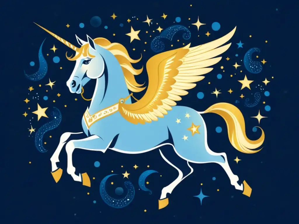 Una ilustración vintage de la constelación de Pegaso, con estrellas detalladas formando el caballo alado