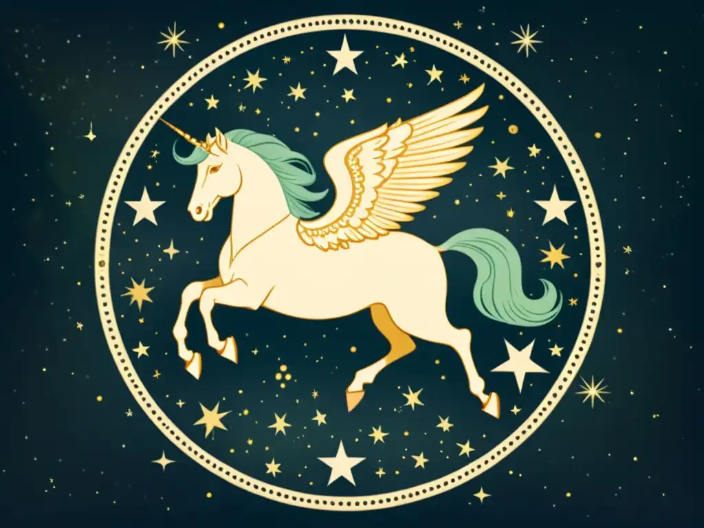 Una ilustración vintage de la constelación de Pegaso, con Algenib como punto de partida en el mapa estelar, rodeado de estrellas