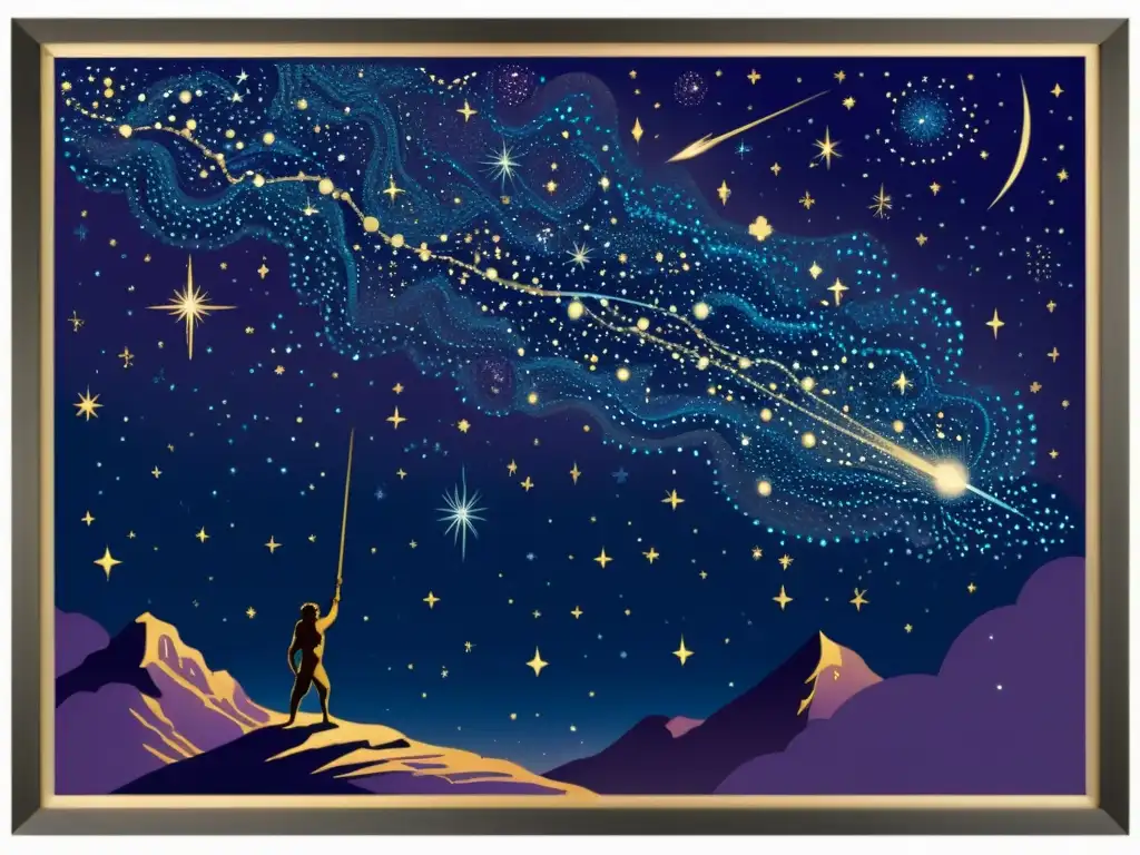 Una ilustración vintage de la constelación de Perseo con figuras mitológicas detalladas y una lluvia de estrellas Perseidas en tonos de azul y púrpura