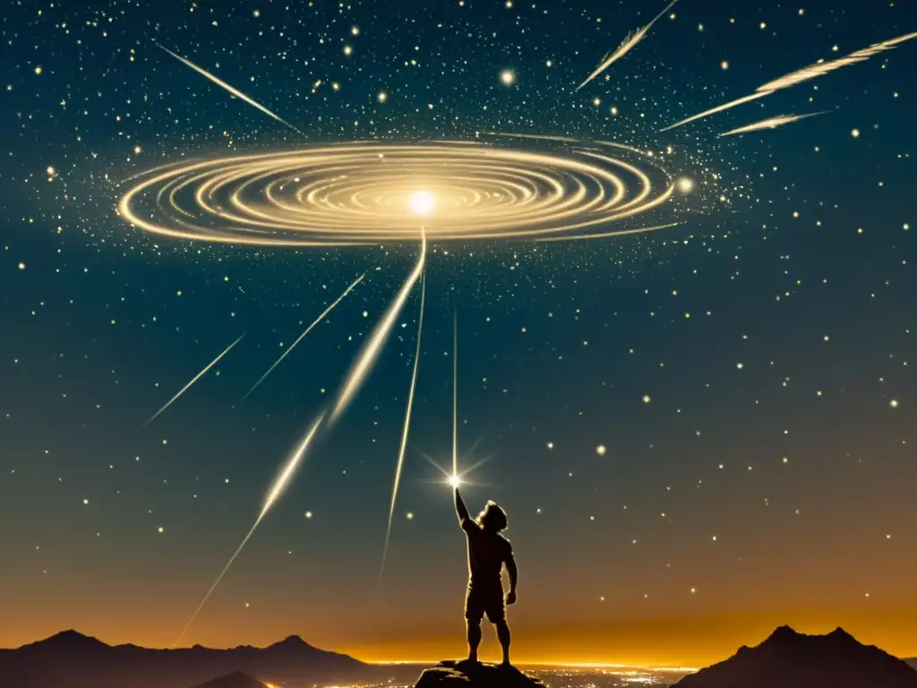 Una ilustración vintage de la constelación de Perseo, con el punto radiante de la lluvia de meteoros de las Perseidas resaltado, mostrando un cielo con trazos de meteoros