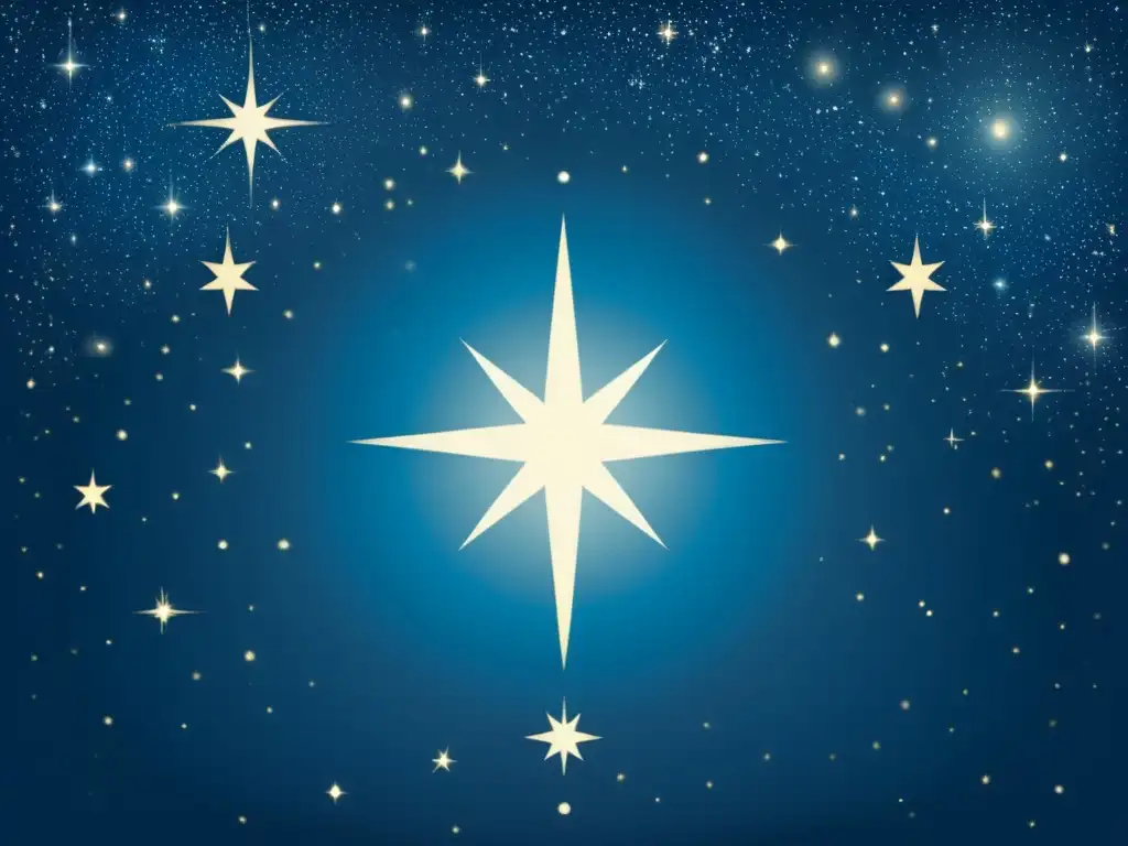 Una ilustración vintage de la constelación de las Pléyades, siete estrellas brillando en un cielo azul profundo y estrellado