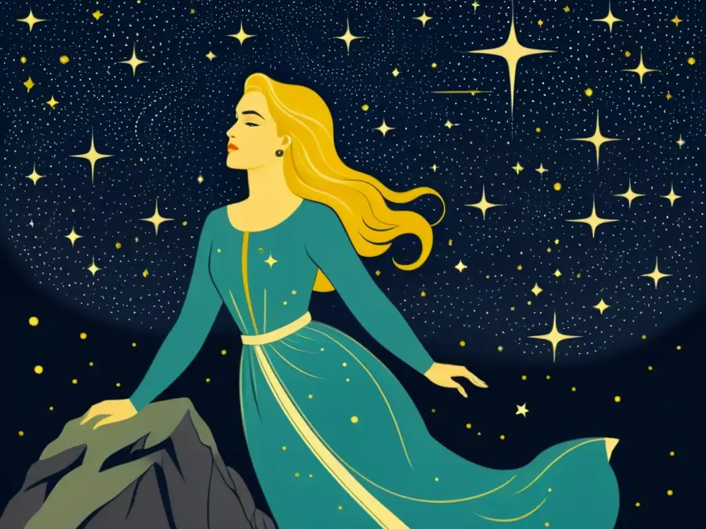 Una ilustración vintage de la constelación de Andrómeda, con la princesa mítica encadenada a una roca entre las estrellas, evocando la mitología de la constelación de Andrómeda