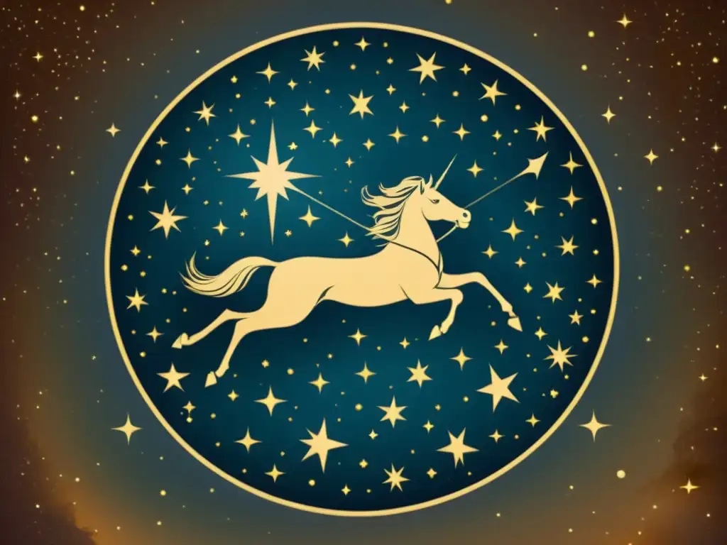 Constelación de Sagitario: la majestuosidad de Kaus Australis Una ilustración vintage de la constelación Sagitario, con la brillante estrella Kaus Australis en su centro, rodeada de estrellas y nebulosas