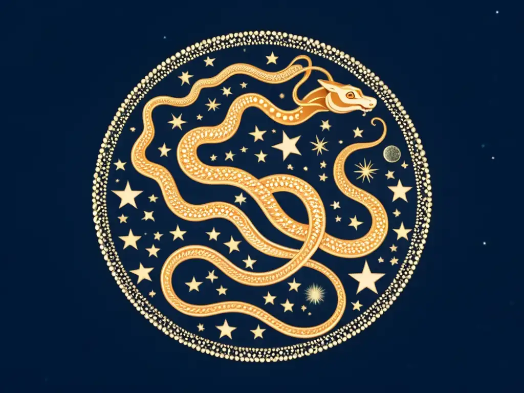 Una ilustración vintage de la constelación de Serpens, evocando la mitología astronómica de la Serpiente del Midgard en tonos terrosos sobre un cielo azul profundo