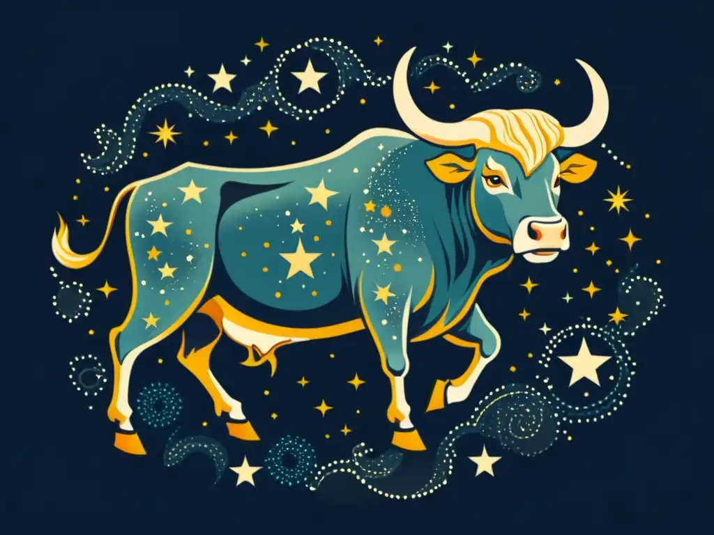 Ilustración vintage de la constelación de Tauro, con el imponente toro detallado en un cielo estrellado