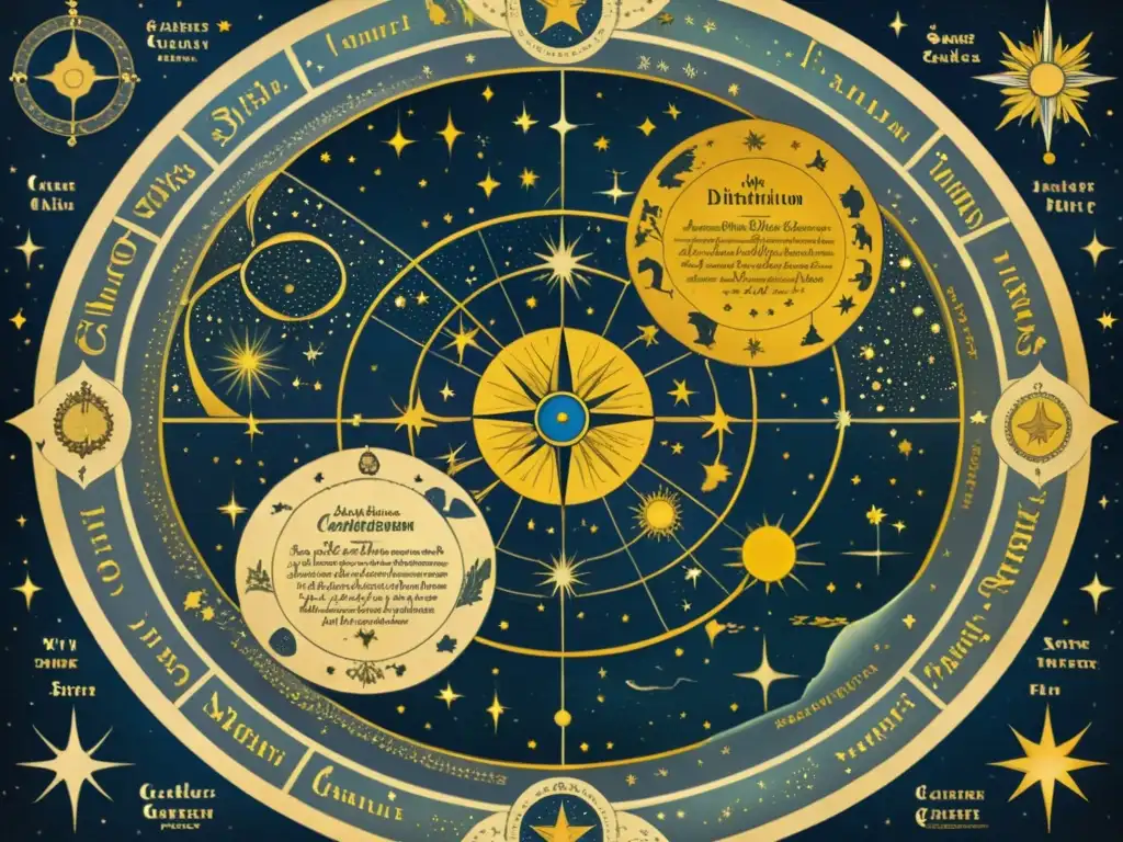 Distribución de constelaciones en el cielo: Mapa estelar vintage con figuras mitológicas, galaxias y nebulosas, evocando historia y asombro