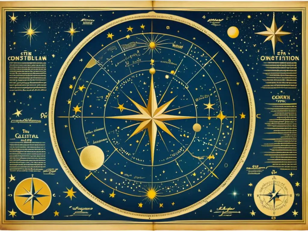 Distribución de constelaciones en el cielo: Mapa vintage con ilustraciones detalladas y atmósfera de historia y asombro