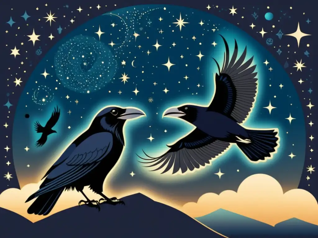 En la ilustración, las constelaciones mitológicas de Odin, Huginn y Muninn, surcan el cielo nocturno en un diseño vintage lleno de misterio y sabiduría ancestral