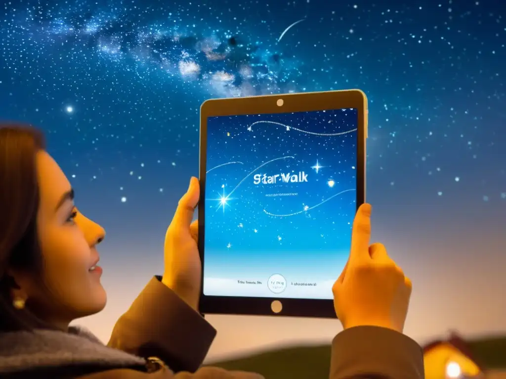 Explorando constelaciones con StarWalk en una ilustración vintage de persona asombrada señalando el cielo estrellado en una tablet