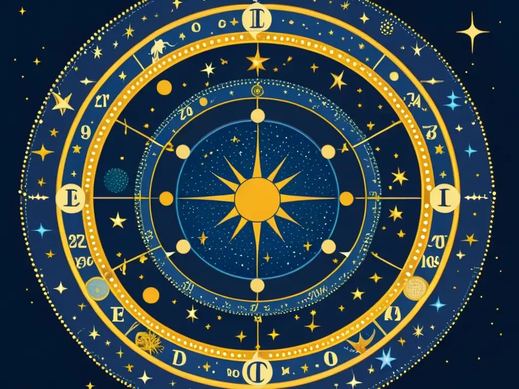 Ilustración vintage de las constelaciones del zodiaco en la eclíptica, detalladas y coloridas, en un cielo nocturno estrellado