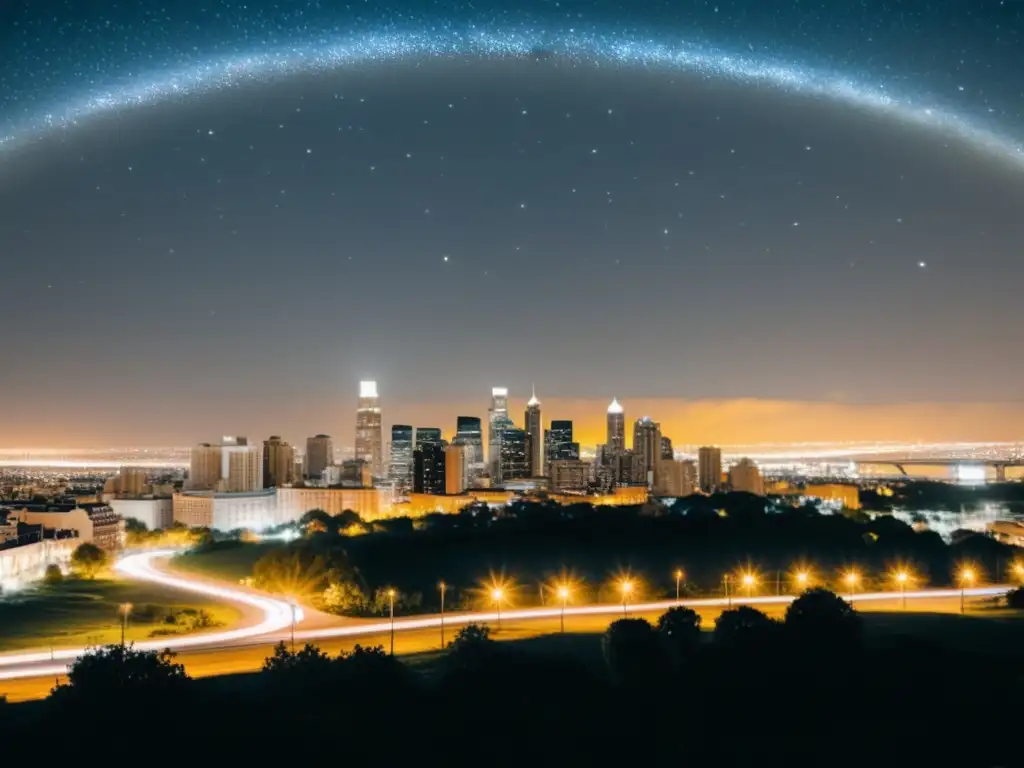 Contaminación lumínica afecta herencia cultural: Fotografía en blanco y negro de un horizonte urbano nocturno, donde las luces de la ciudad difuminan las estrellas en el cielo