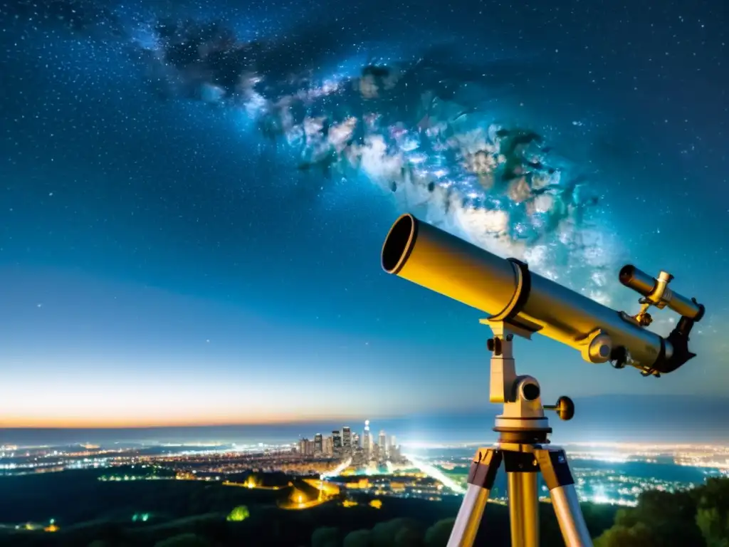 Fotografía vintage de la contaminación lumínica en fotografía astronómica, con la Vía Láctea y un telescopio capturando la belleza celestial