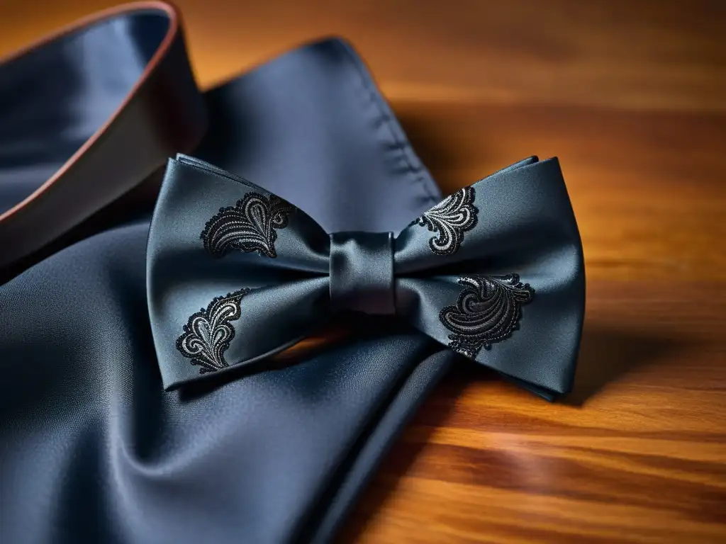 Corbatas y pajaritas para eventos cósmicos: Elegante corbata de seda negra y pañuelo a juego sobre una mesa de caoba