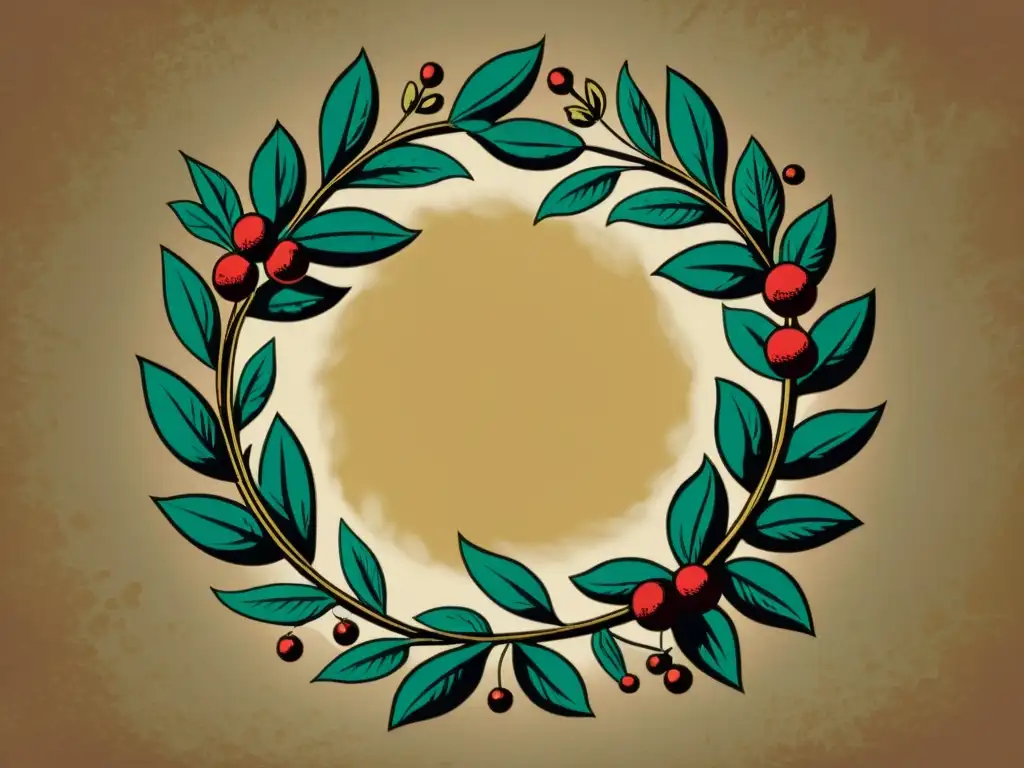 Una ilustración vintage de una corona de laurel detallada, con un efecto desgastado que emana historia y tradición