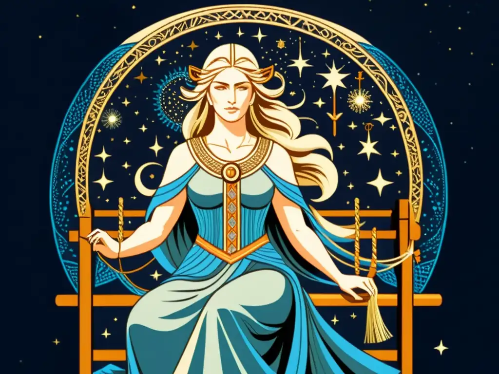 Frigg, diosa nórdica, teje el cosmos en su telar, rodeada de estrellas y constelaciones