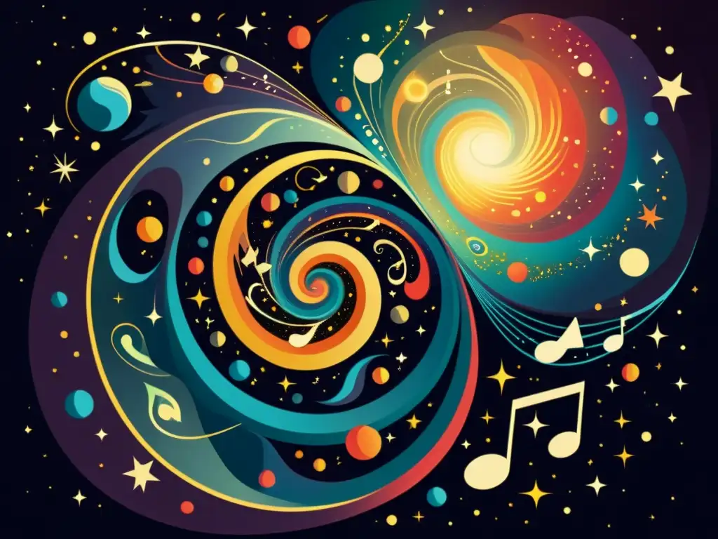 Creaciones musicales inspiradas en el origen del universo: ilustración vintage de una sinfonía cósmica con galaxias, nebulosas y notas musicales