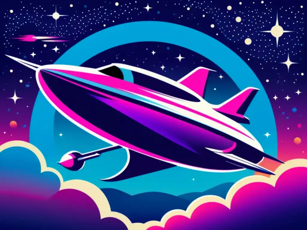 Un crucero espacial retrofuturista explorando nebulosas y estrellas, evocando emoción y aventura